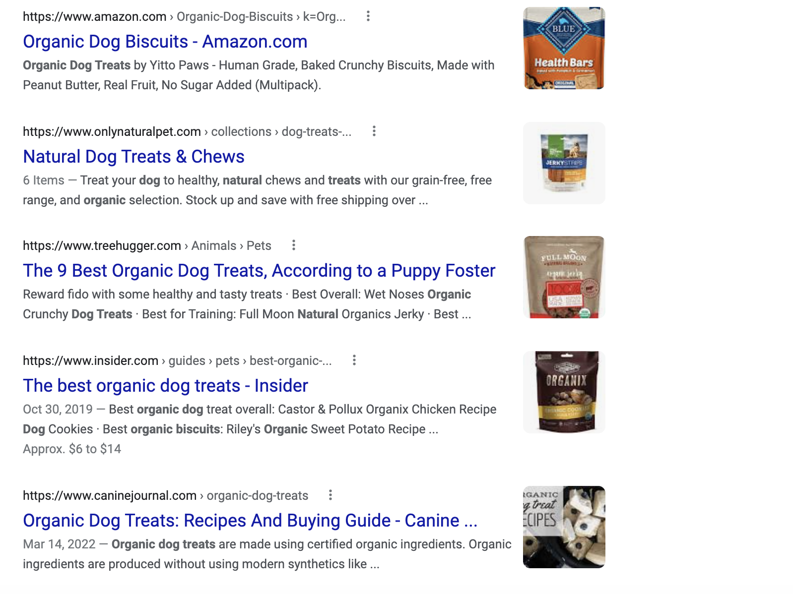 Résultats de recherche de la première page de Google pour « friandises biologiques pour chiens »
