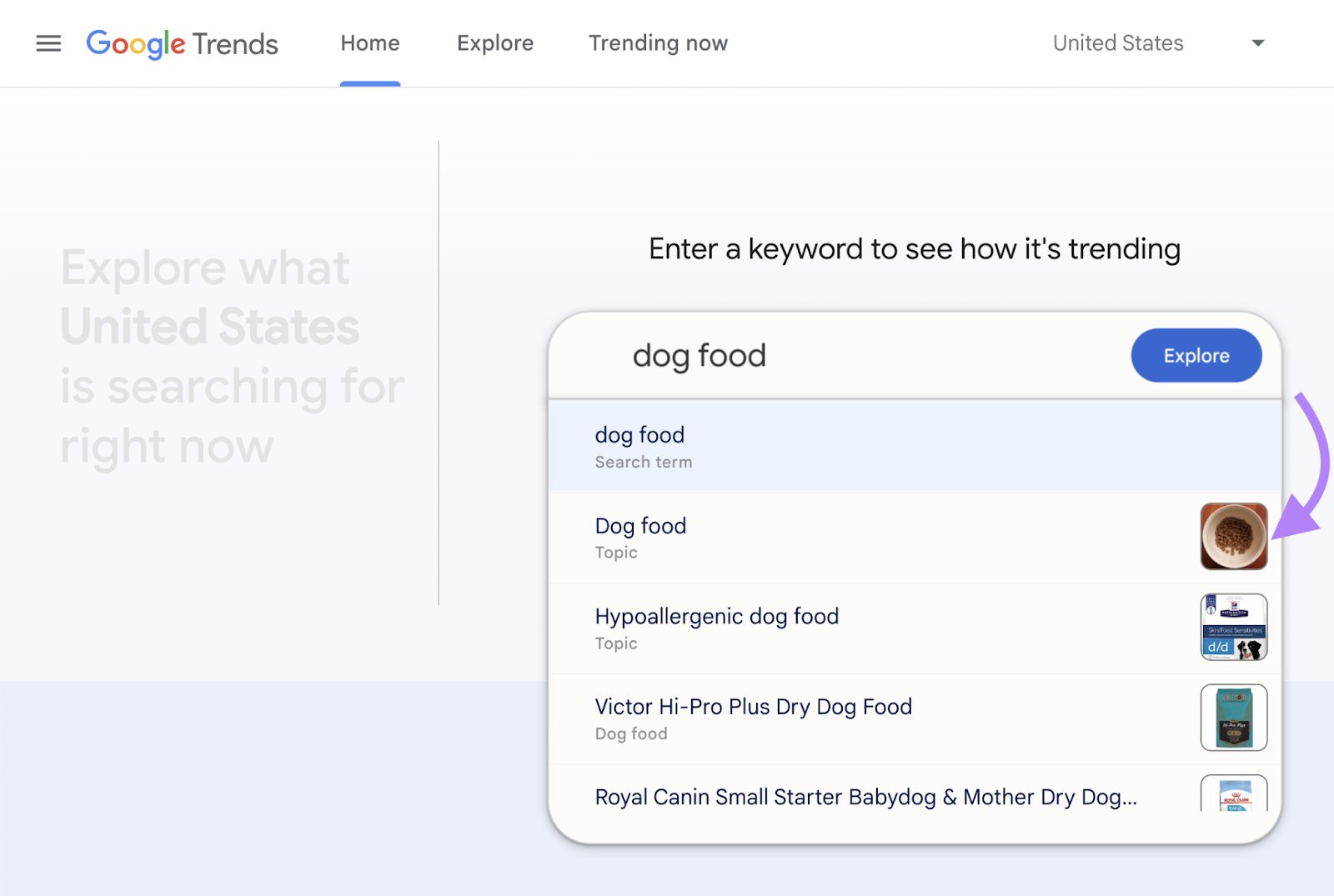 Recherche du mot-clé « aliments pour chiens » au cours des 30 derniers jours dans Google Trends