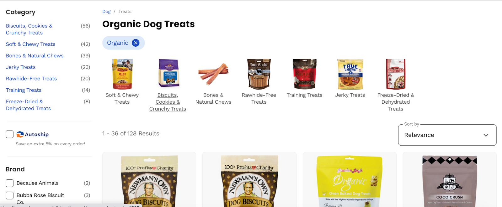 Catégorie « Gâteries biologiques pour chiens » sur le site de commerce électronique