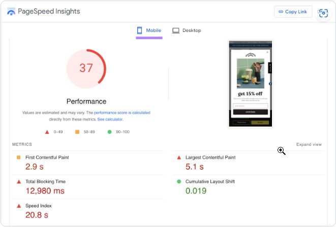 Score de performance affiché pour mobile dans l'outil PageSpeed ​​Insights