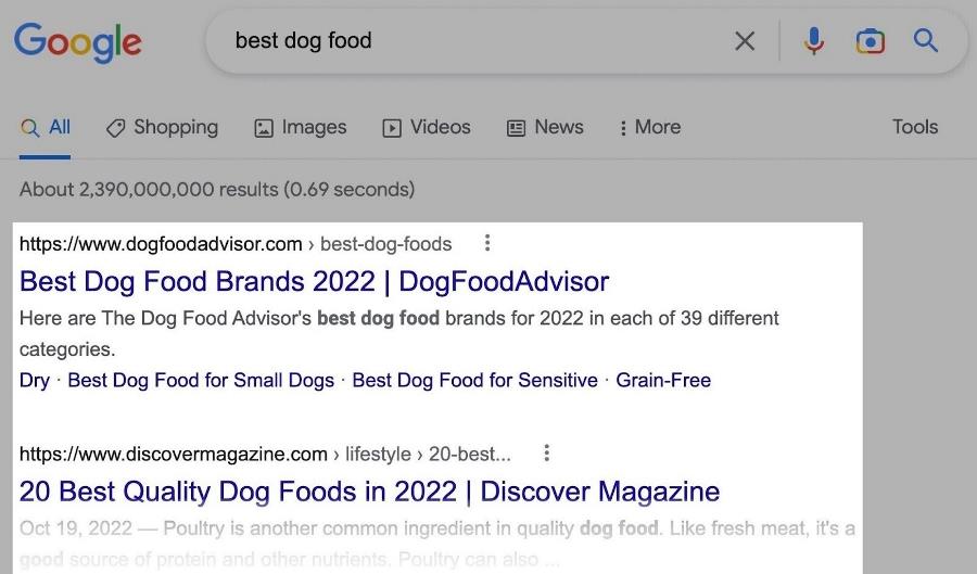 Google SERP pour « la meilleure nourriture pour chiens »