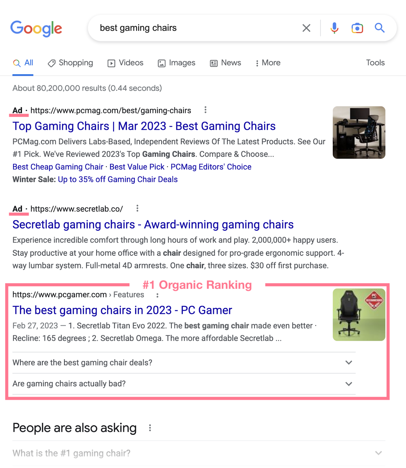 Recherche Google des meilleures chaises de jeu