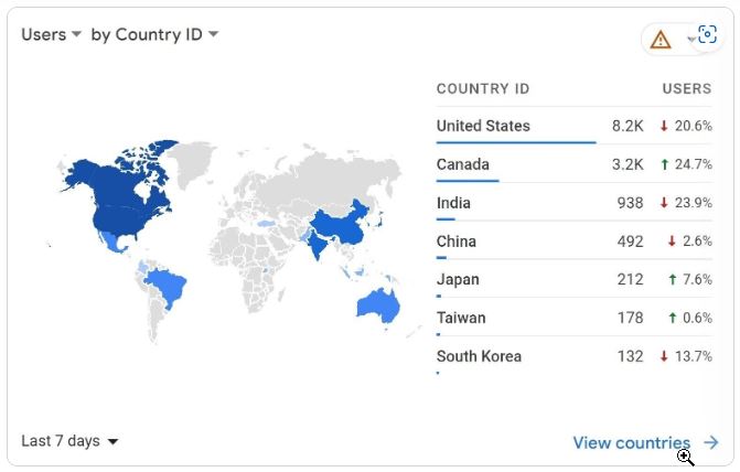 un exemple de carte montrant les utilisateurs par identifiant de pays dans GA4