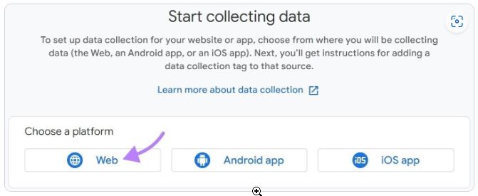 choisissez le type de plateforme sur laquelle vous travaillez sur la page "Commencer à collecter des données"
