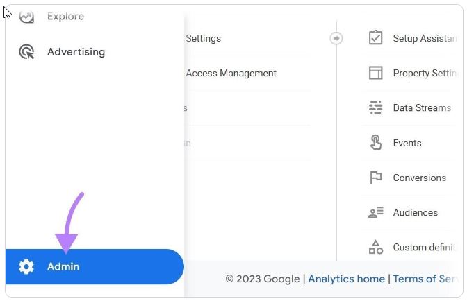 Bouton « Admin » en bas à gauche de l'interface Google Analytics