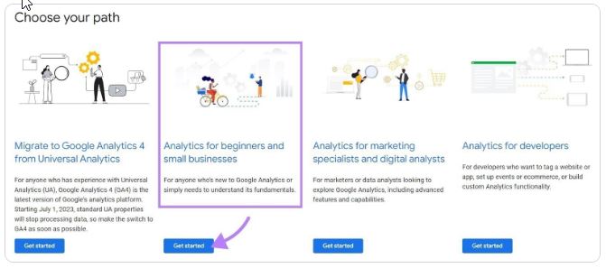 Page de didacticiels Google avec le didacticiel « Analytics pour les débutants et les petites entreprises » mis en évidence
