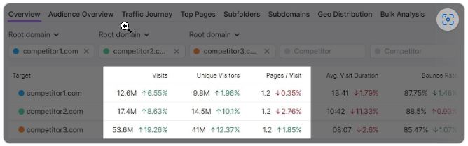 Traffic Analytics fournit des informations sur les visites de vos concurrents, les visiteurs uniques (utilisateurs) et les pages/visites