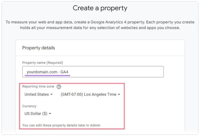 Page "Créer une propriété" dans Google Analytics