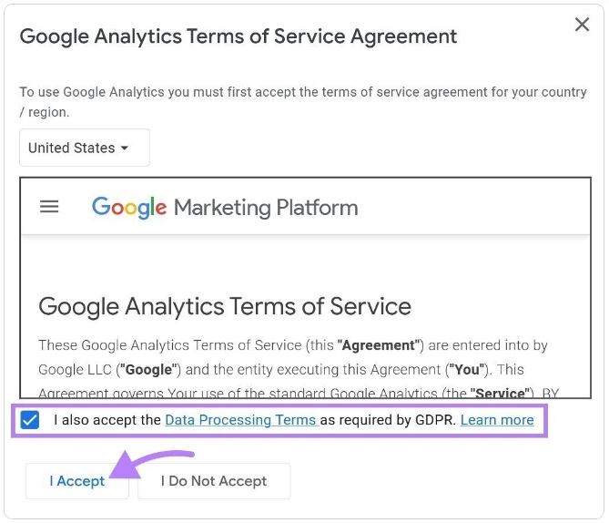 Page « Conditions d'utilisation de Google Analytics »