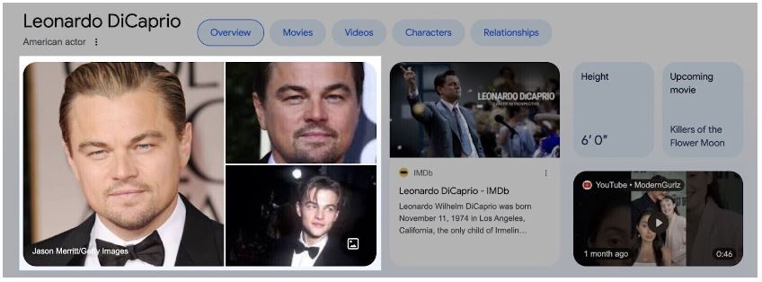 Panneau de connaissance de Google : Définition et comment l'obtenir ? - Résultats Google images pour Leonardo DiCaprio