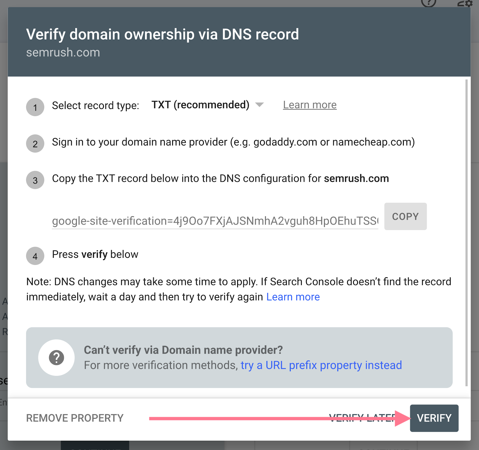 vérifier la propriété du domaine via l'enregistrement DNS