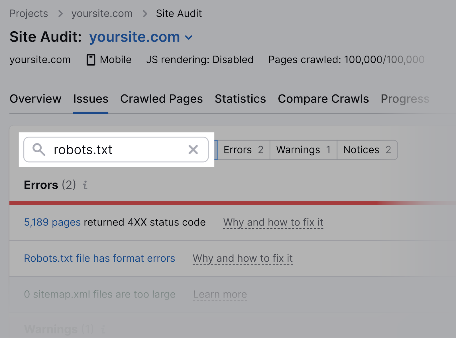 Recherchez « robots.txt » dans l'audit du site