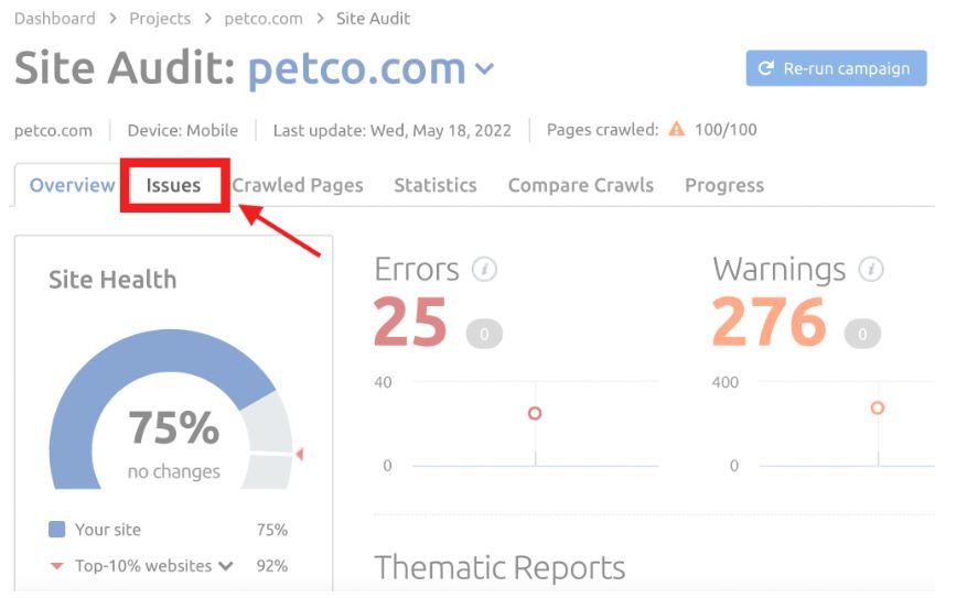 SEO d'images et balise Alt - Onglet Problèmes d'audit du site Petco