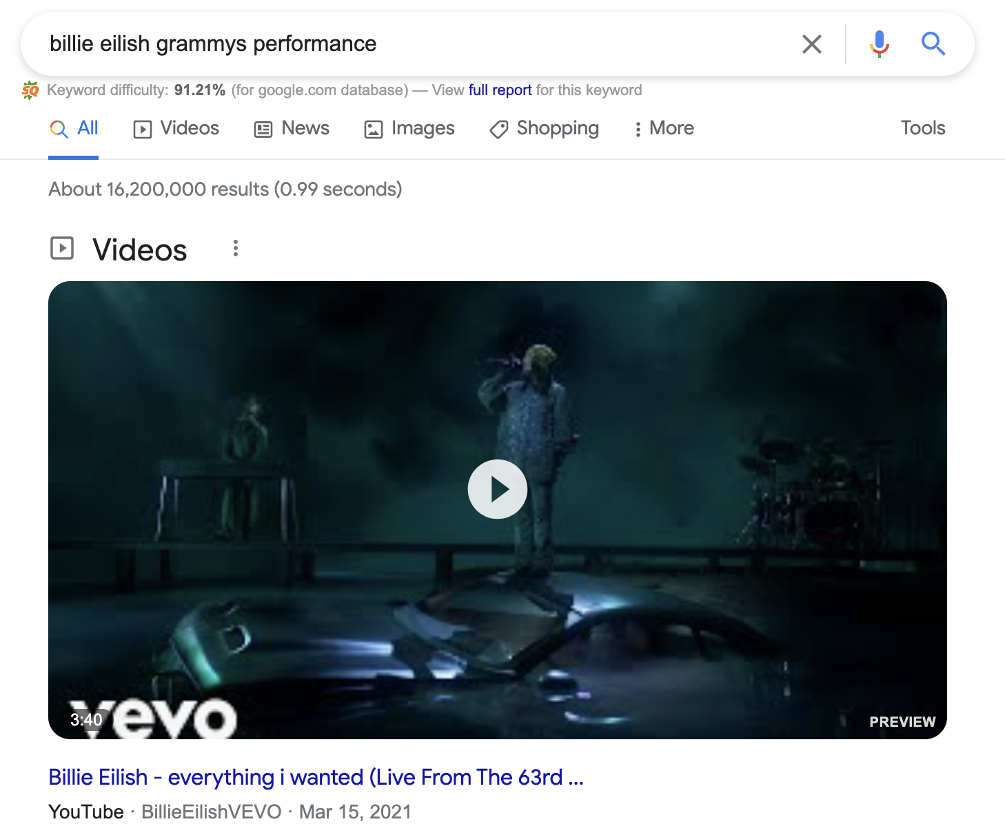 SEO d'images et balise Alt - Extrait enrichi de la vidéo de la performance de Billie Eillish aux Grammy Awards