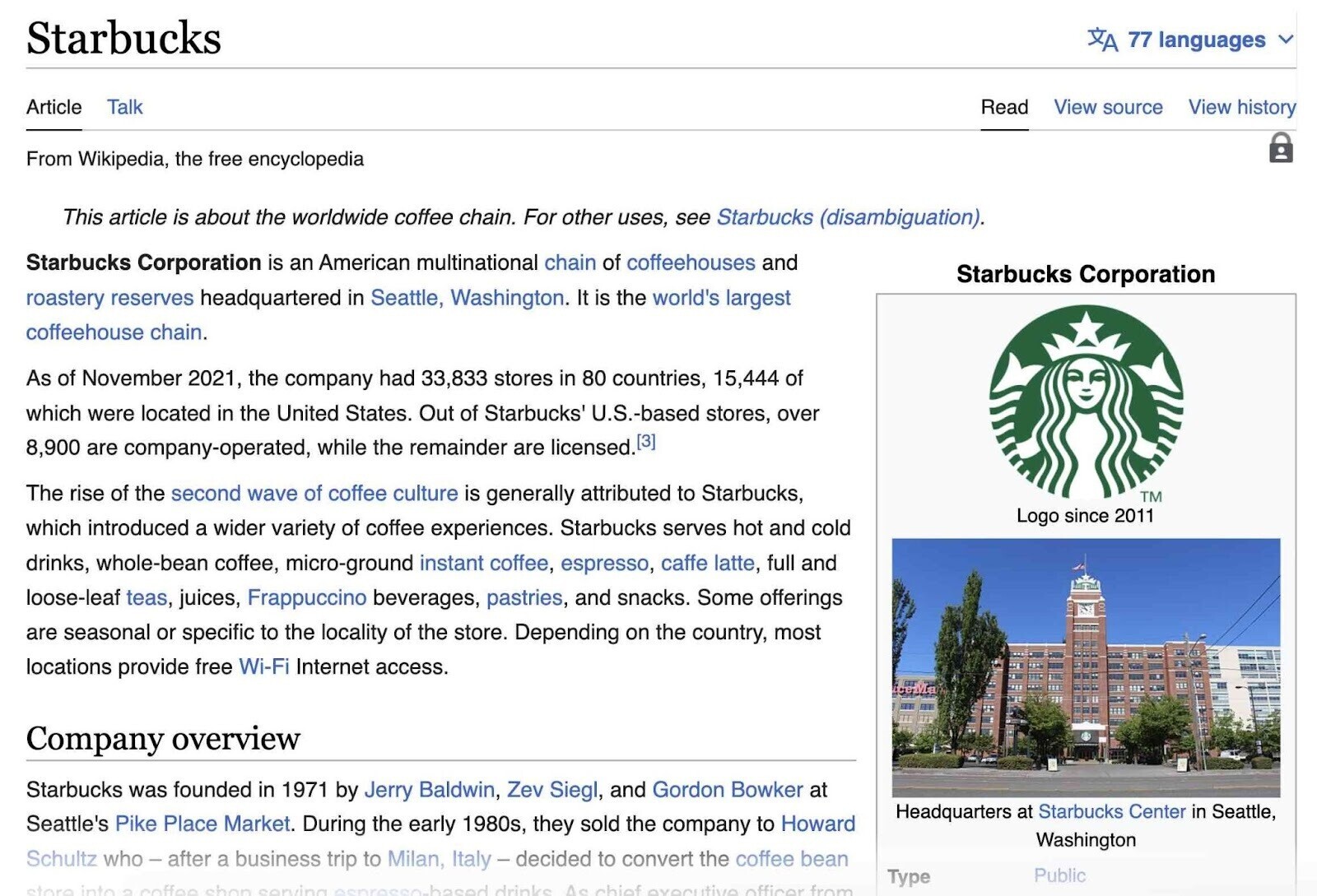 Knowledge Graph de Google : Définition et  fonctionnement - Article Wikipédia sur Starbucks