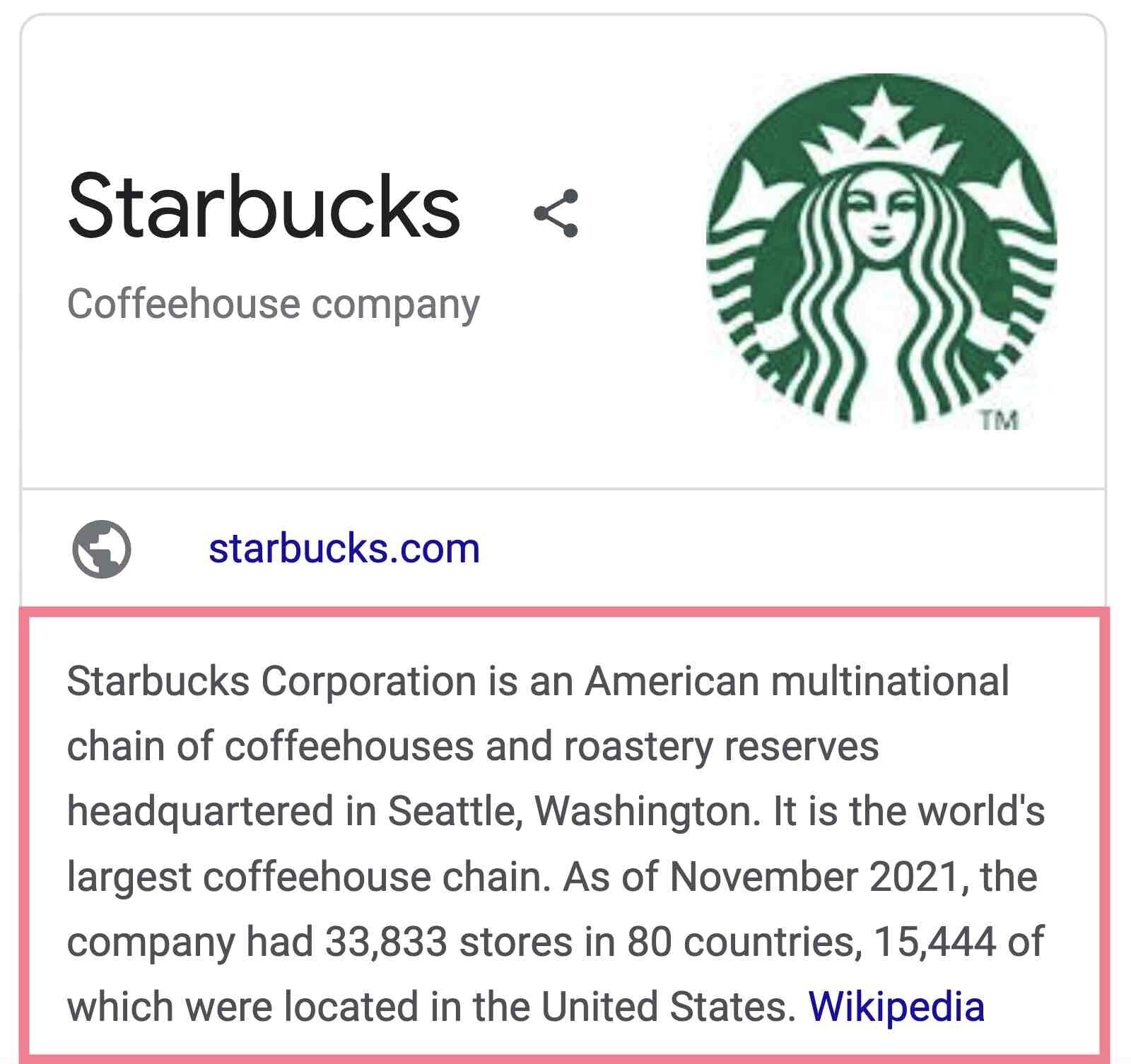Knowledge Graph de Google : Définition et  fonctionnement - panneau de connaissances sur Starbucks