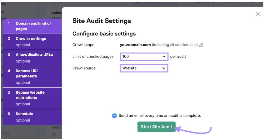 11 Erreurs de liens internes et comment les corriger - Paramètres de l'outil d'audit de site