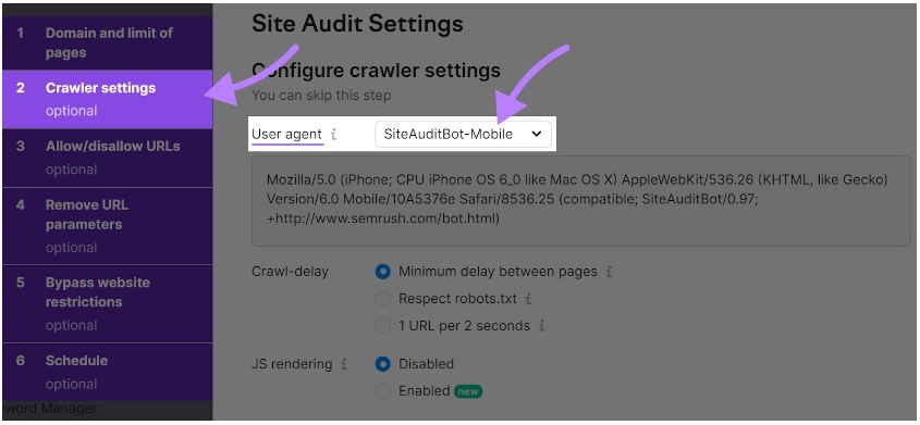 Mobile-First Indexing : Définition et meilleures pratiques - « Agent utilisateur » défini sur « SiteAuditBot-Mobile » dans l'audit de site « Paramètres du robot d'exploration »