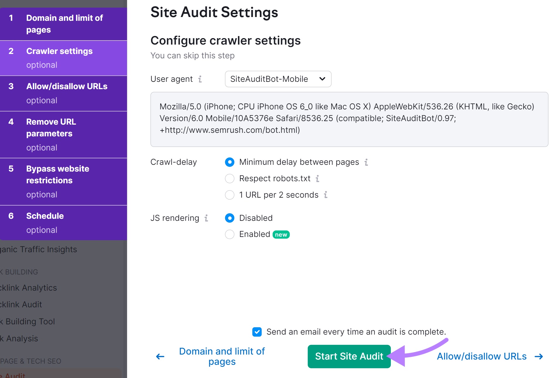 Mobile-First Indexing : Définition et meilleures pratiques - Bouton « Démarrer l'audit du site » mis en évidence dans les paramètres d'audit du site