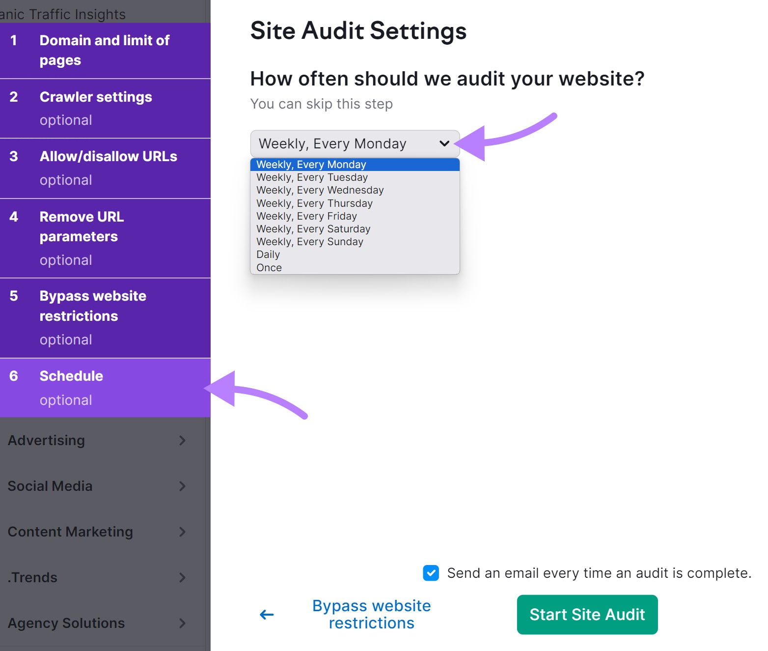Mobile-First Indexing : Définition et meilleures pratiques - « À quelle fréquence devons-nous auditer votre site Web ? » fenêtre dans les paramètres d'audit du site