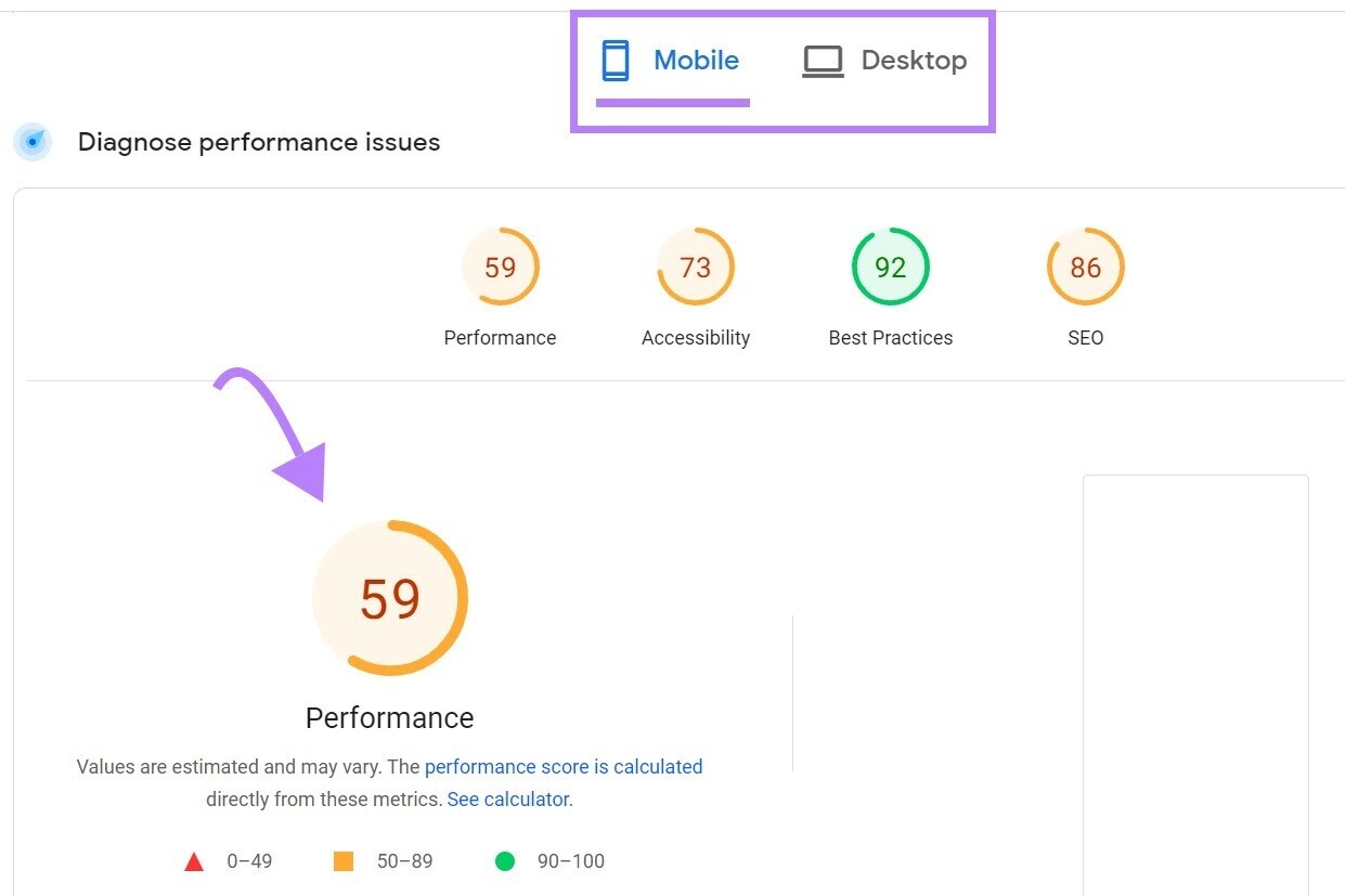 Google PageSpeed Insights- Score de performance affichant 59 dans Google Page Speed ​​Insights pour mobile