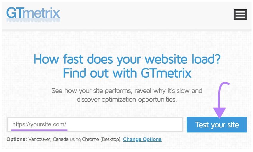 Google PageSpeed Insights - Page d'accueil de GTmetrix avec le titre "À quelle vitesse votre site Web se charge-t-il" Découvrez-le avec GTmetrix »e