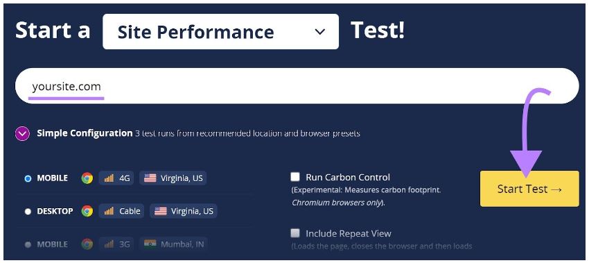 Google PageSpeed Insights - Page d'accueil de WebPageTest avec le texte « Démarrer un test de performances du site ! »