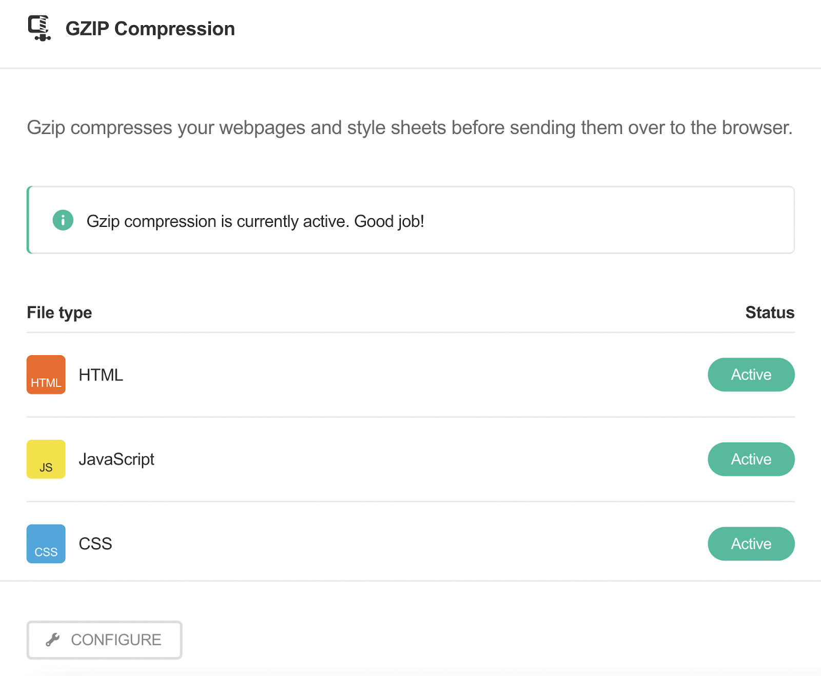 Google PageSpeed Insights - La section Compression Gzip affiche « La compression Gzip est actuellement active. Bon travail ! »