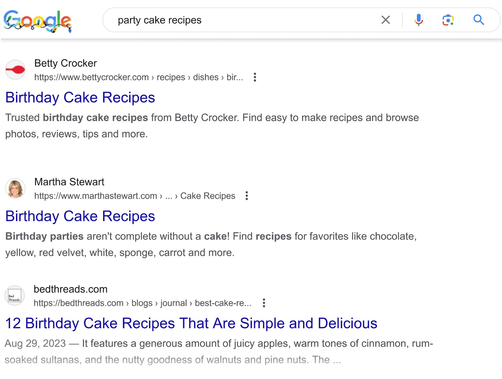 SERP standard de Google pour les « recettes de gâteaux de fête »