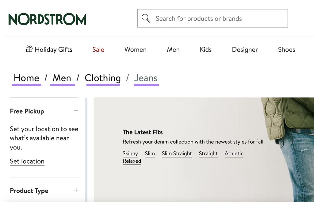 Fil d'Ariane pour les sites Web : Définition et utilisation - Liens « Accueil », « Hommes », « Vêtements » et « et Jeans » mis en évidence sur la page de Nordstrom