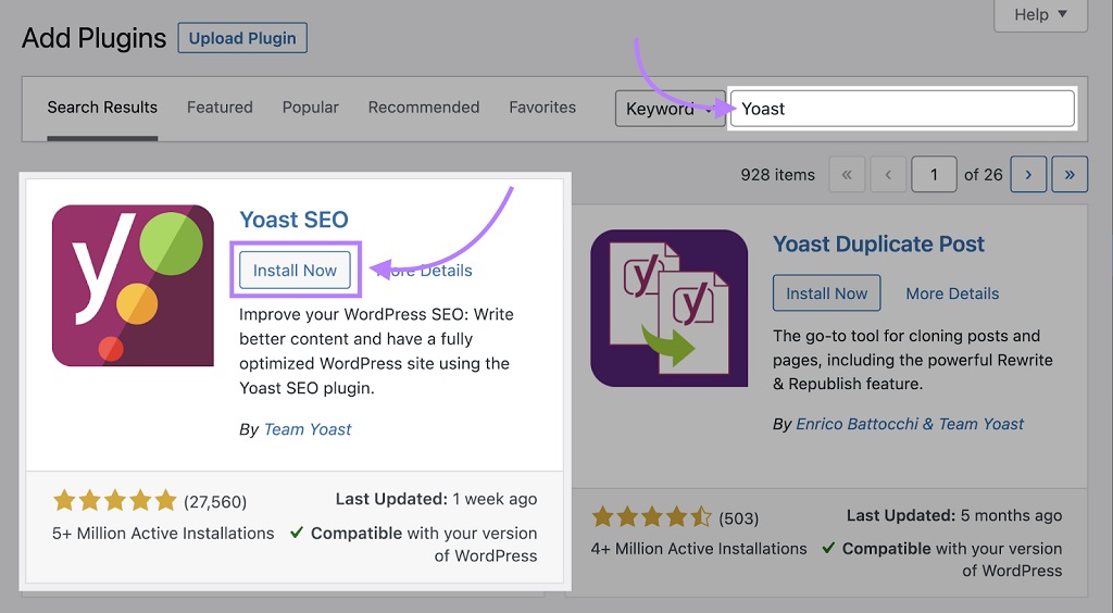 Fil d'Ariane pour les sites Web : Définition et utilisation - Bouton "Installer maintenant" sélectionné sous Yoast SEO
