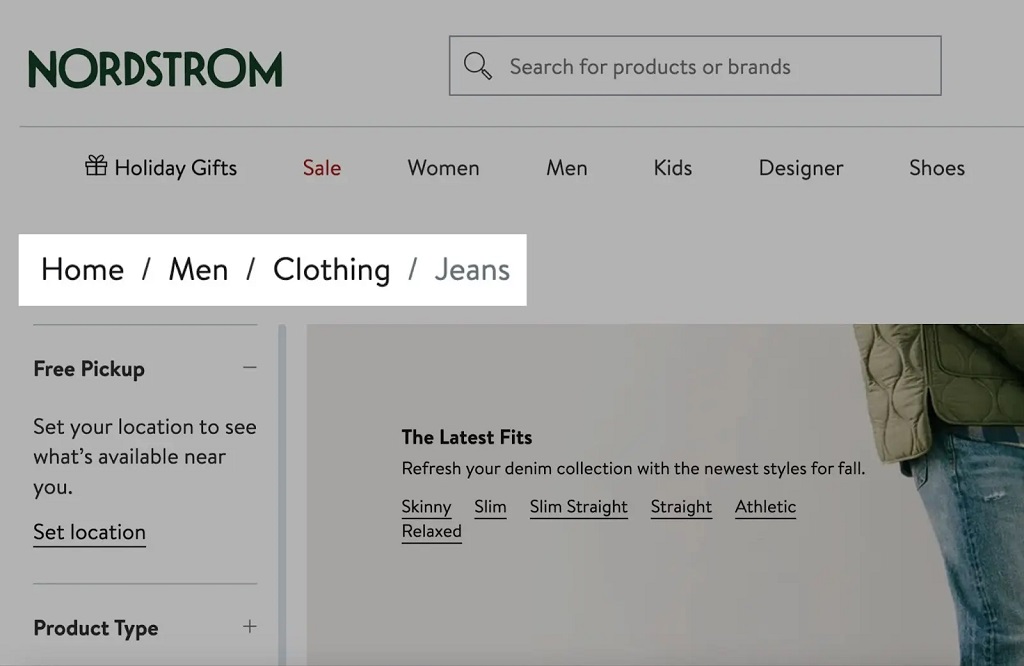 SEO technique : Définition, bases et bonnes pratiques - Fil d'Ariane sur le site Web de Nordstrom affichant « Accueil / Hommes / Vêtements / Jeans »