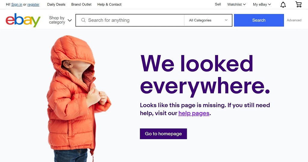Liens brisés - Page d'erreur 404 Not Found personnalisée d'ebay