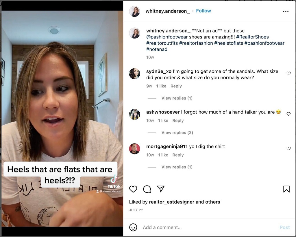 Que sont EEAT et YMYL dans le SEO et comment les optimiser - Capture d'écran de la vidéo Instagram de Whitney Anderson à propos de ses chaussures Pashion Footwear