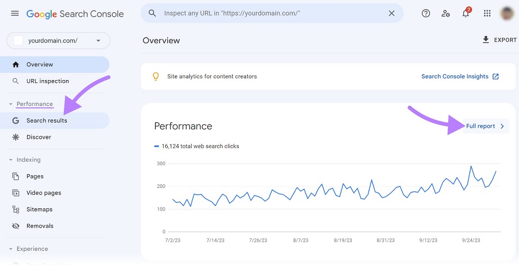 Comment fonctionne l'algorithme Google de recherche - Bouton "Rapport complet" sélectionné à côté du graphique "Performances" dans Google Search Console