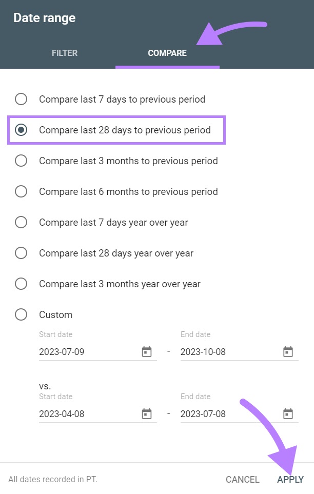 Comment fonctionne l'algorithme Google de recherche - Option « Comparer les 28 derniers jours à la période précédente » sélectionnée dans la fenêtre « COMPARER » dans GSC