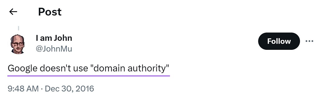Comment fonctionne l'algorithme Google de recherche - Message de JohnMu sur X disant "Google n'utilise pas l'autorité de domaine".
