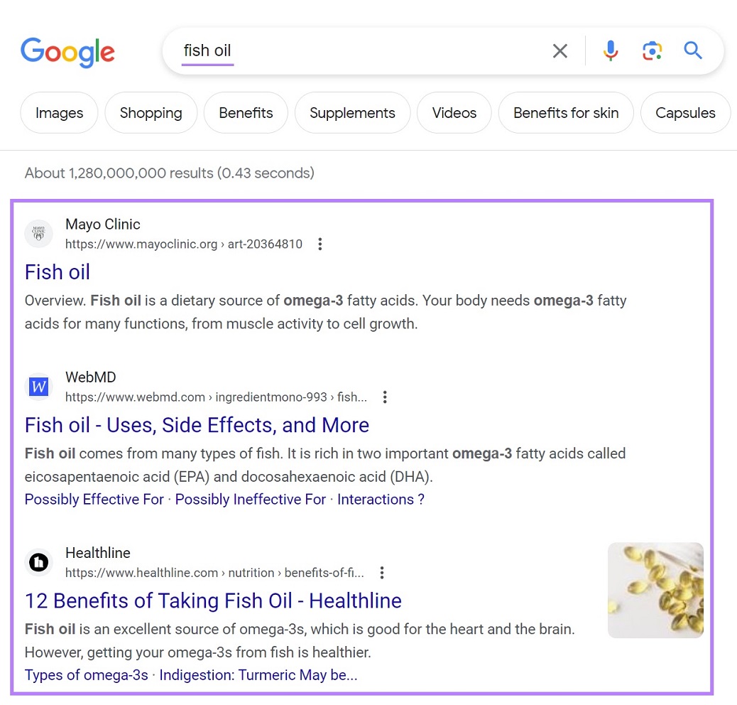 Comment fonctionne l'algorithme Google de recherche - SERP de Google pour la requête « huile de poisson »