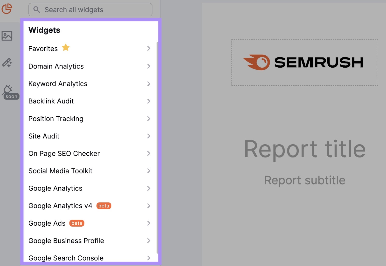16 KPI marketing à surveiller - Barre latérale « Widgets » mise en évidence dans Mes rapports de Semrush
