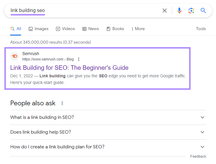 16 KPI marketing à surveiller - Résultats de Semrush sur Google SERP pour la requête « link building seo »