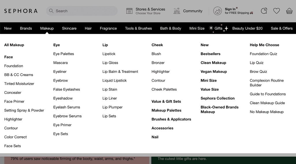 Comment construire une architecture du site web pour le SEO - le menu de navigation convivial de Sephora