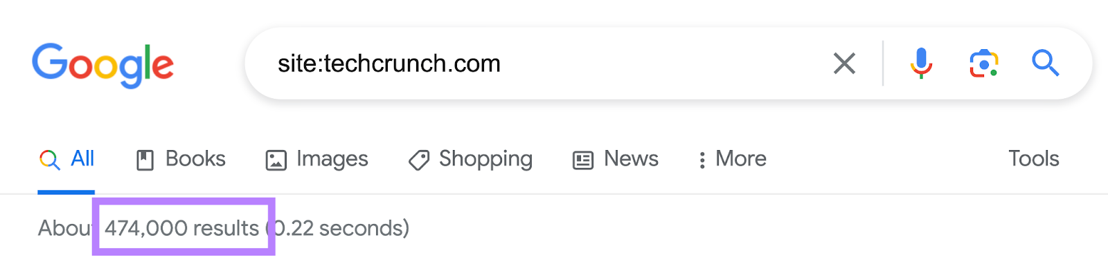 Opérateurs de recherche Google - nombre de pages indexées pour « site:techcrunch.com » affichant « environ 474 000 résultats (0,22 seconde) »