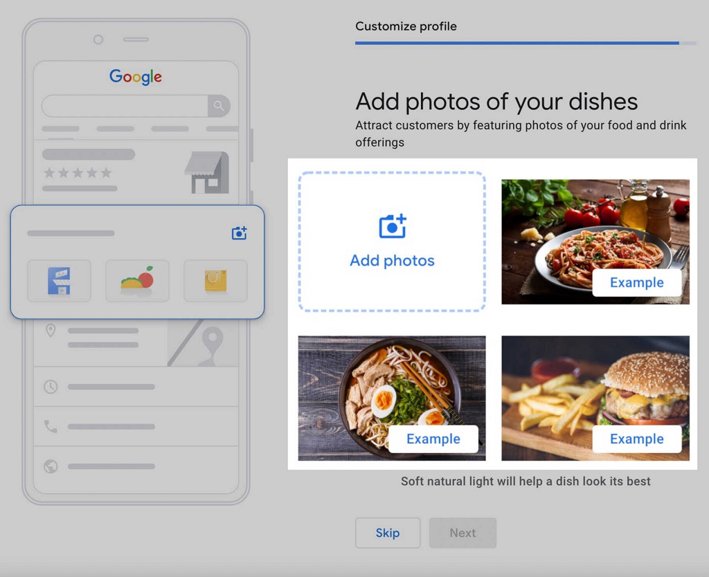 Google my Business : Guide du profil d'entreprise - ajouter des photos de plats du restaurant