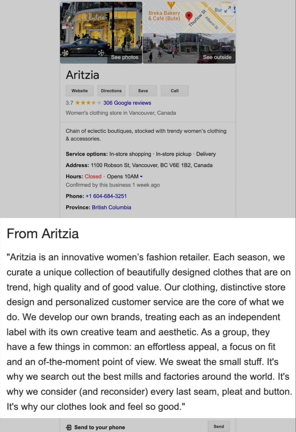 Google my Business : Guide du profil d'entreprise - Description de l'entreprise Aritzia