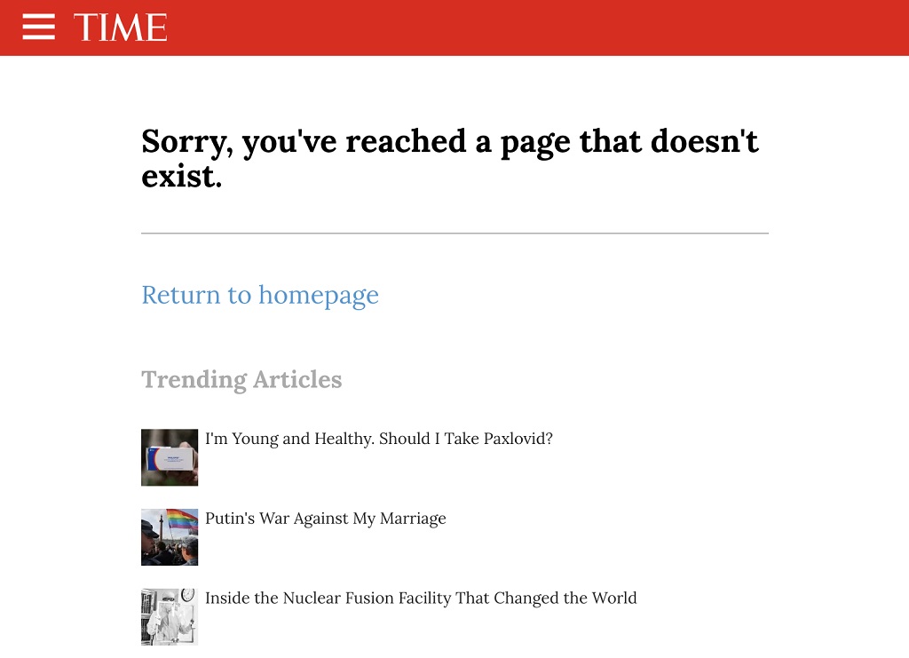Erreur 404 : Définition, conséquences et solutions - "Désolé, vous avez atteint une page qui n'existe pas." message sur TIME Magazine