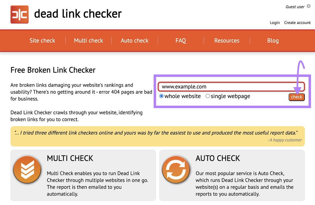 Erreur 404 : Définition, conséquences et solutions - Ajoutez le domaine de votre site Web à l'outil Dead Link Checker