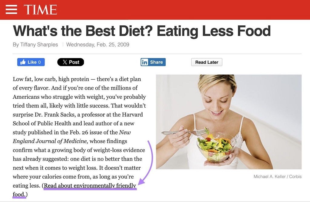 Erreur 404 : Définition, conséquences et solutions - Lien « En savoir plus sur les aliments respectueux de l'environnement » mis en évidence dans l'article du TIME Magazine ci-dessus