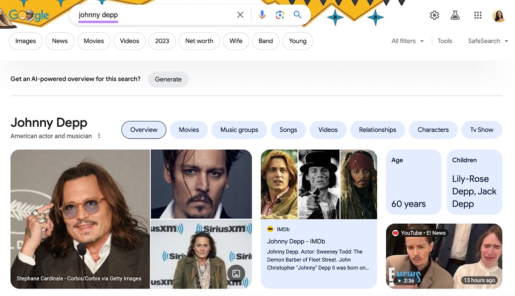 SEO en 2024 : Tendances cruciales à connaître - Résultats de haut de page de Google pour « Johnny Depp »