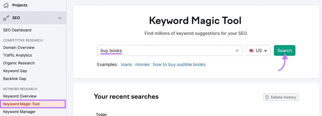SEO en 2024 : Tendances cruciales à connaître - "acheter des livres" saisi dans la barre de recherche de Keyword Magic Tool