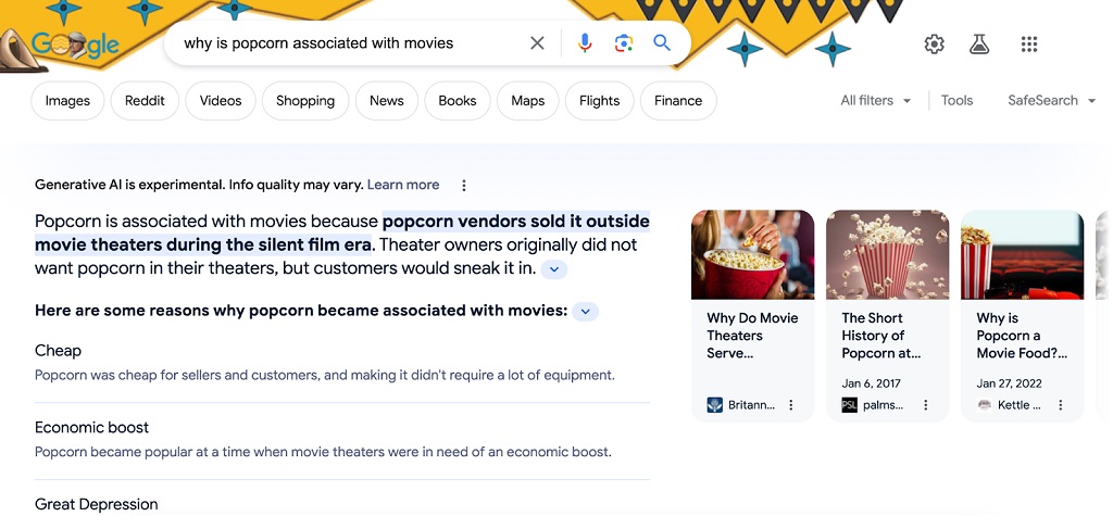 SEO en 2024 : Tendances cruciales à connaître - Réponse de l'IA générative de Google à la requête « Pourquoi le pop-corn est-il associé aux films »
